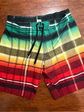 Hang Ten Men’s Multicolor Plaid Swim Trunks - Green/Yellow/Red
